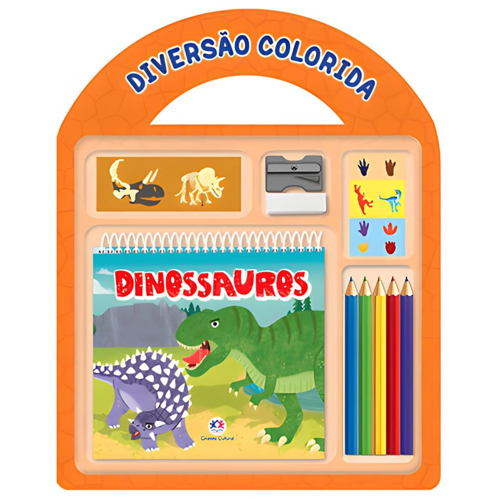 Kit de colorir "Dinossauros Diversão Colorida" com livro, lápis de cor, adesivos e apontador, em embalagem laranja. — Plenitude