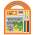 Kit de colorir "Dinossauros Diversão Colorida" com livro, lápis de cor, adesivos e apontador, em embalagem laranja. — Plenitude