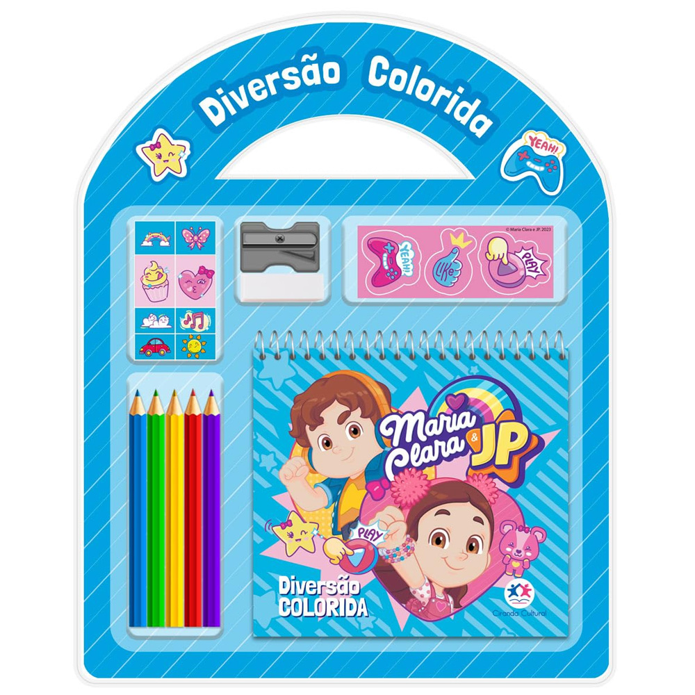 Kit Maria Clara e JP | Diversão Colorida, kit de colorir com lápis, apontador, adesivos e caderno. — Plenitude