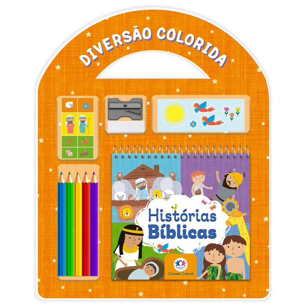 Kit de atividades Diversão Colorida Histórias Bíblicas, com lápis de cor e apontador, em embalagem laranja e branca. — Plenitude