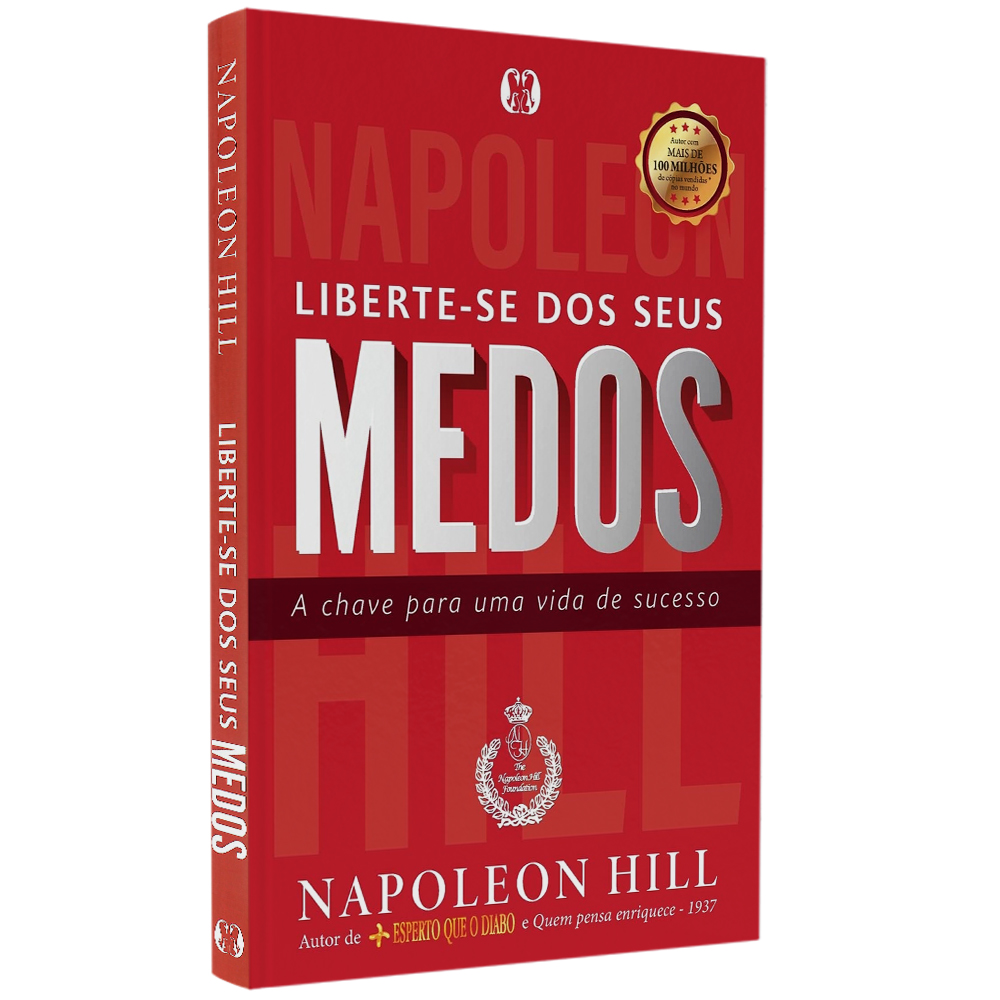Livro Liberte-se dos Seus Medos de Napoleon Hill, capa vermelha com letras brancas e douradas. — Plenitude