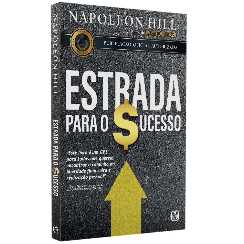 Livro Estrada para o Sucesso de Napoleon Hill, capa preta com estrada e seta dourada, letras brancas e douradas. — Plenitude