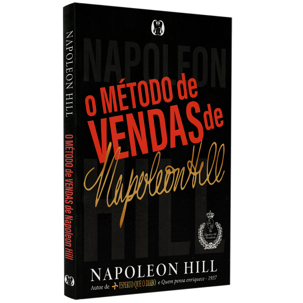 Livro O Método de Vendas de Napoleon Hill, capa preta com letras vermelhas e douradas, detalhes em branco. — Plenitude