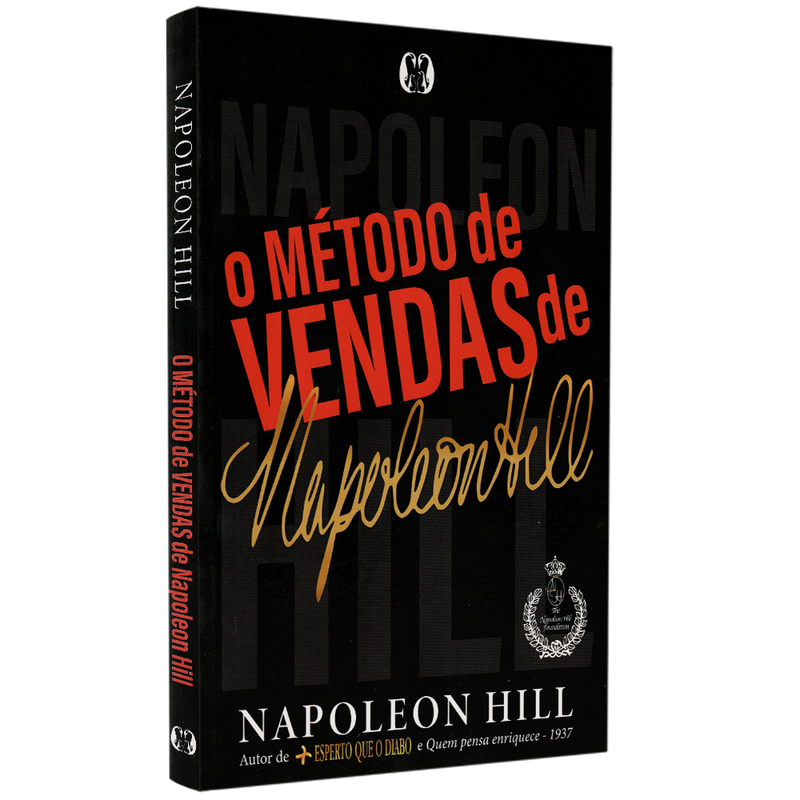Livro O Método de Vendas de Napoleon Hill, capa preta com letras vermelhas e douradas, detalhes em branco. — Plenitude