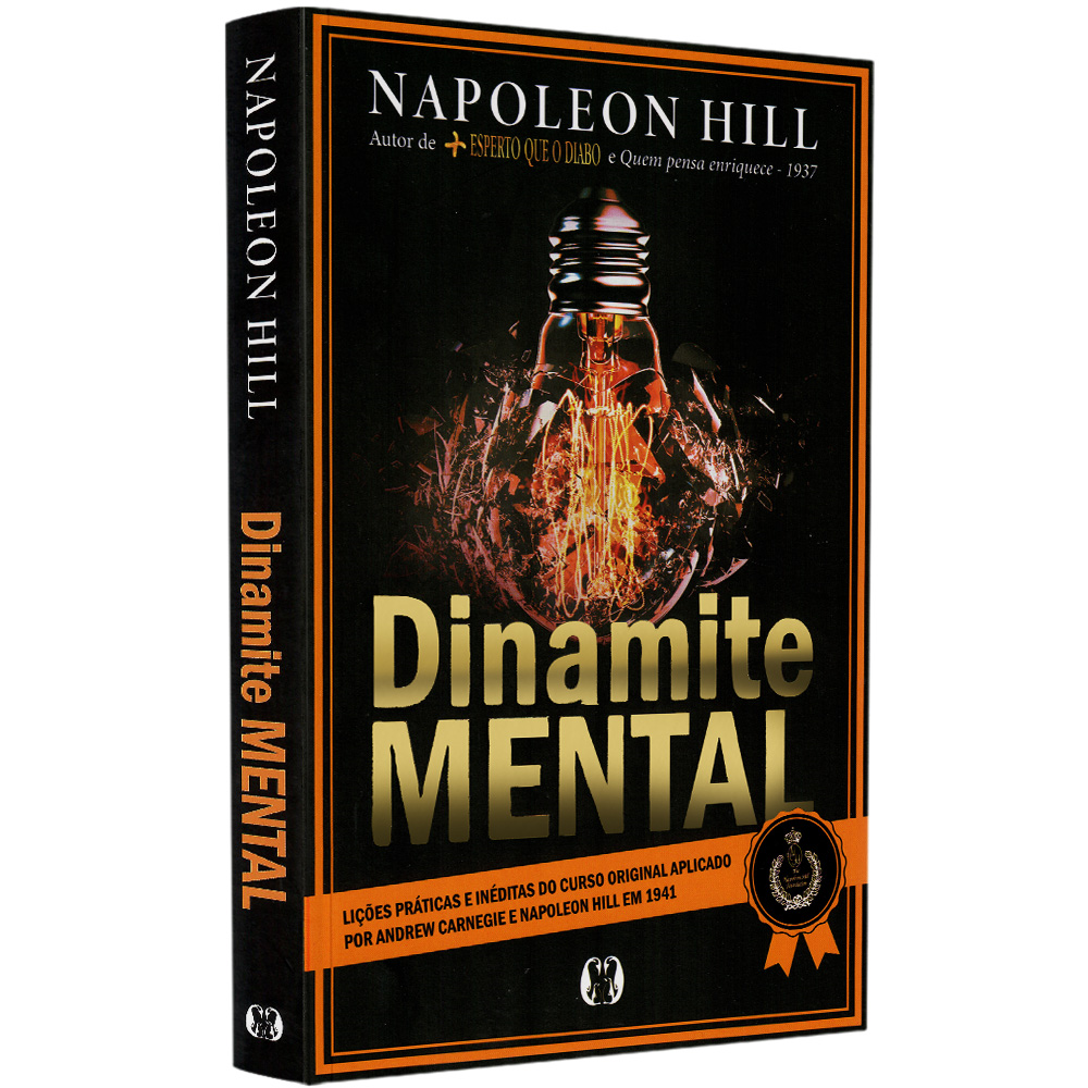 Livro Dinamite Mental de Napoleon Hill, capa preta com imagem de lâmpada e letras douradas. — Plenitude