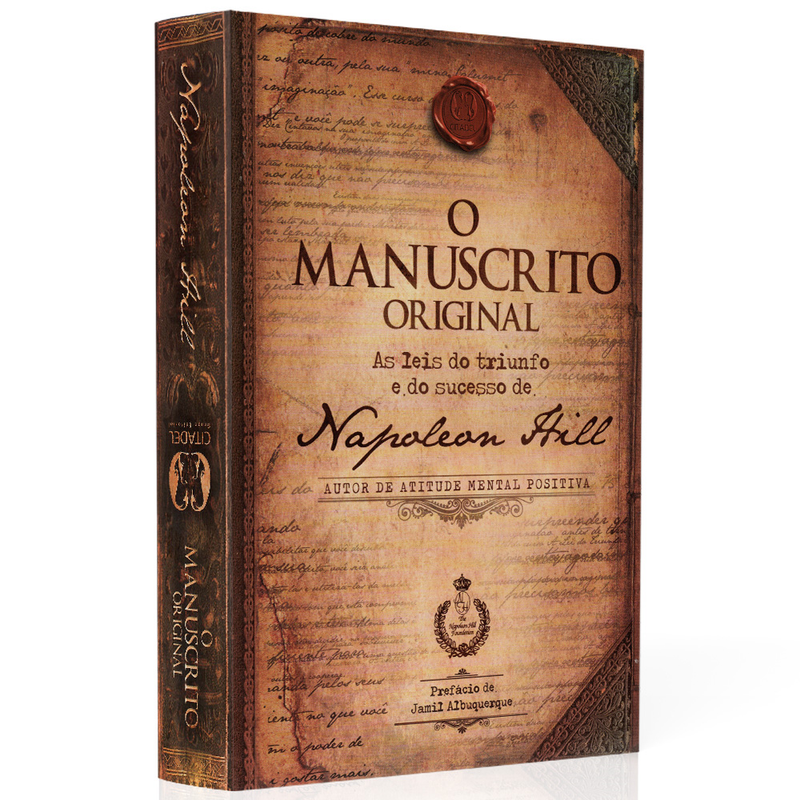 Livro O Manuscrito Original de Napoleon Hill, capa marrom com textura de papel antigo. — Plenitude