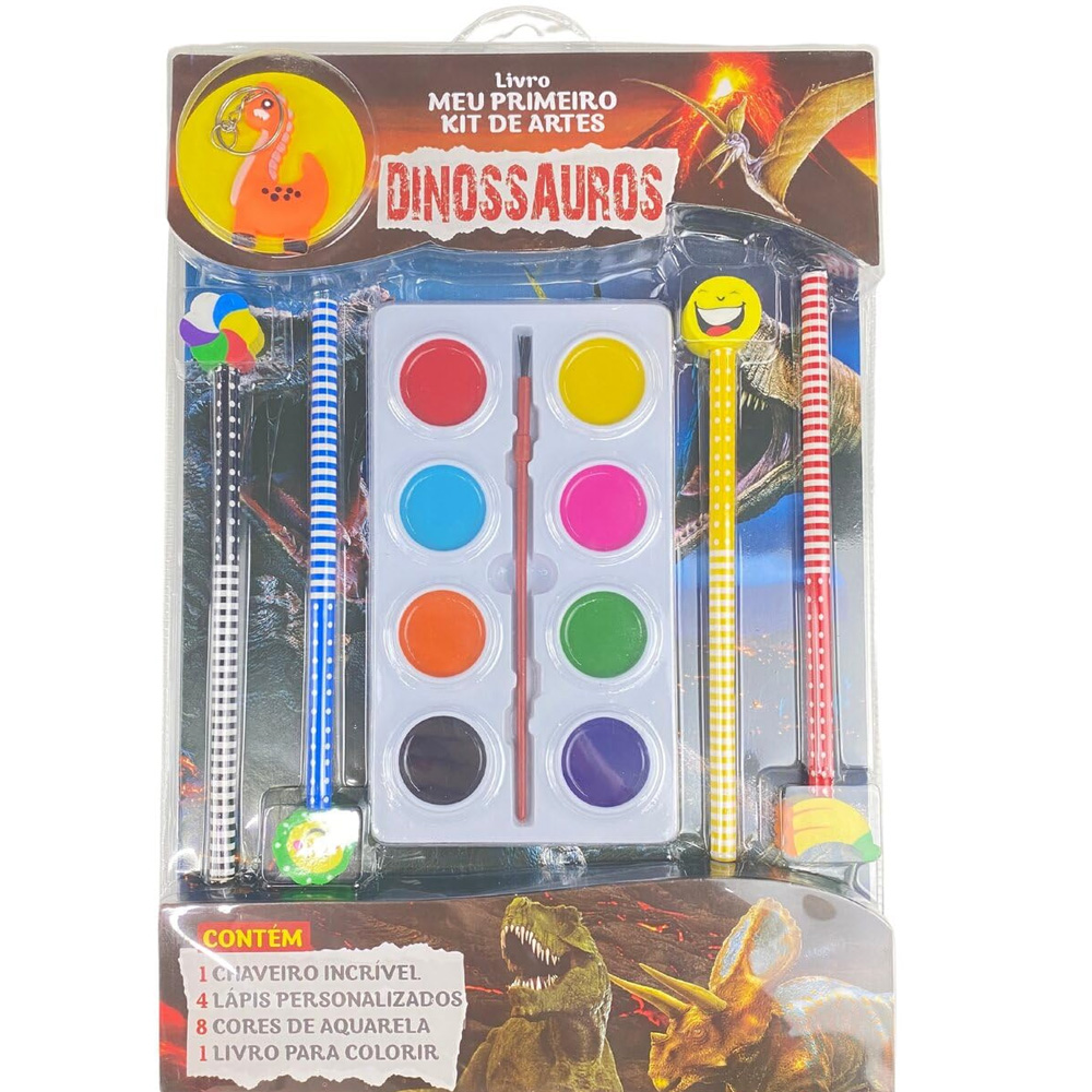Livro Meu Primeiro Kit de Artes Dinossauros. Embalagem com livro, lápis e aquarela. — Plenitude