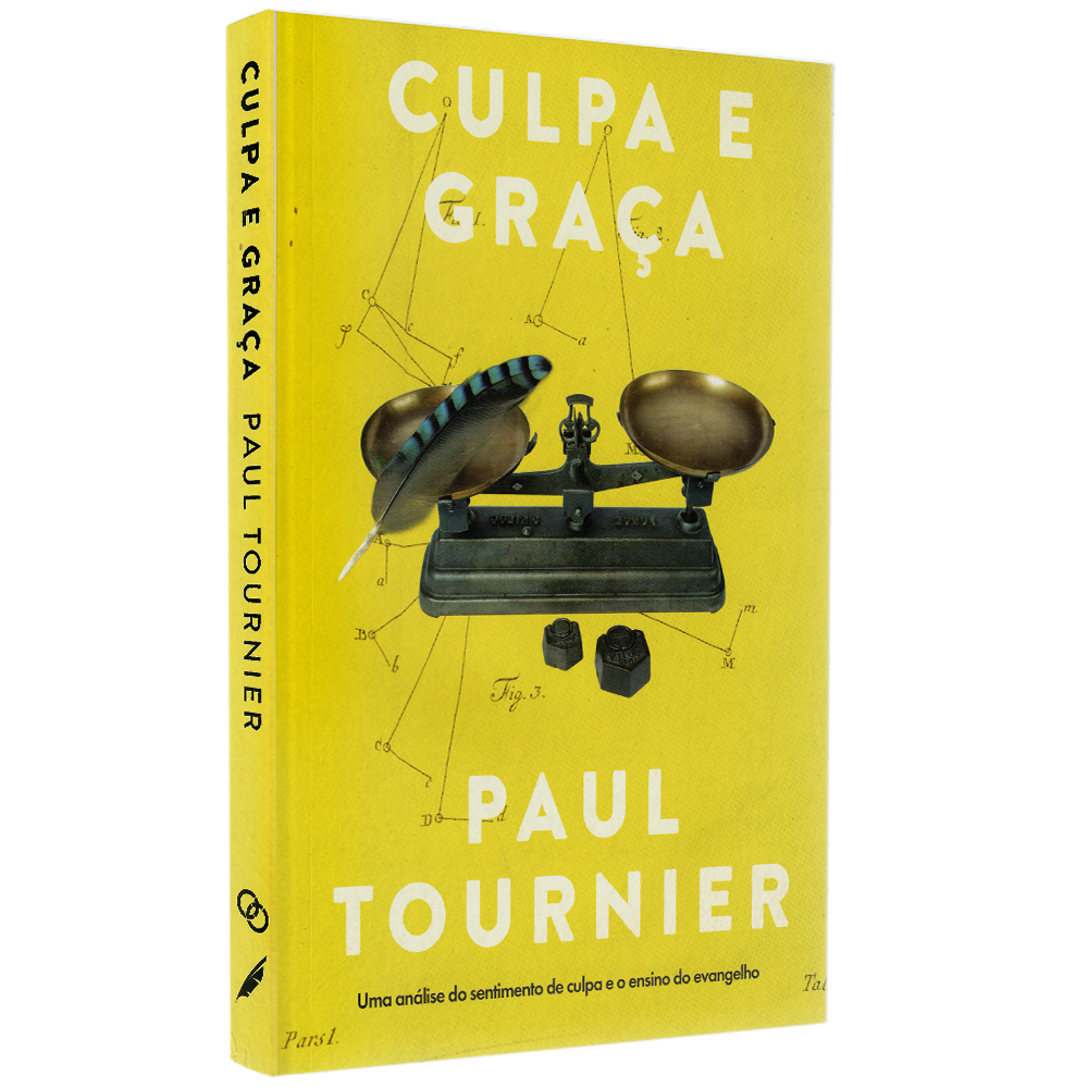 Livro Culpa e Graça de Paul Tournier, capa amarela com ilustração de balança e pena. — Plenitude