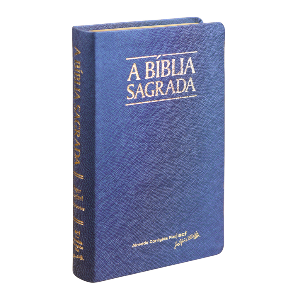 Bíblia Sagrada ACF, capa luxo azul, letra grande, com detalhes dourados na capa e lombada. — Plenitude