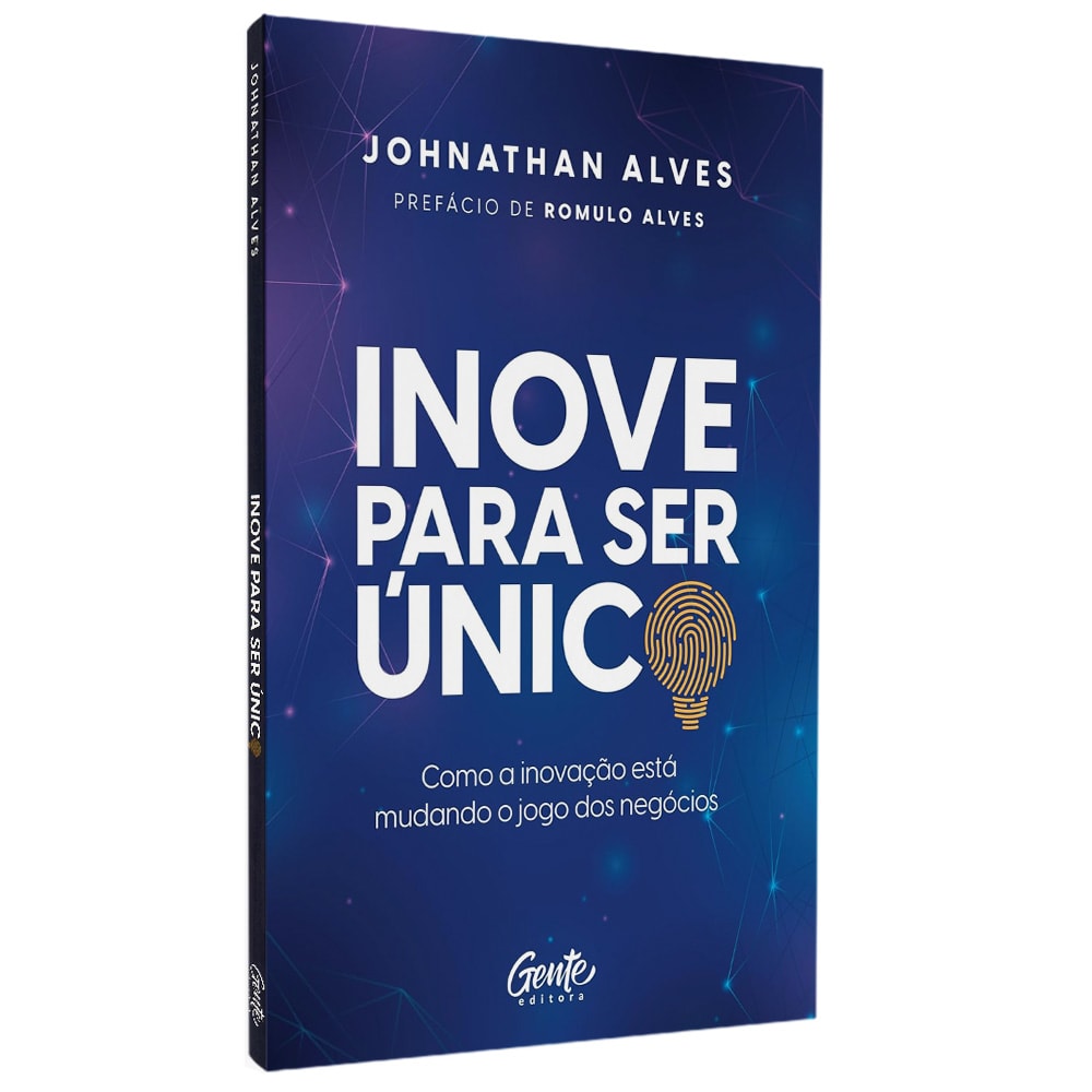 Livro Inove Para Ser Único de Johnathan Alves, capa azul com linhas geométricas e impressão digital. — Plenitude