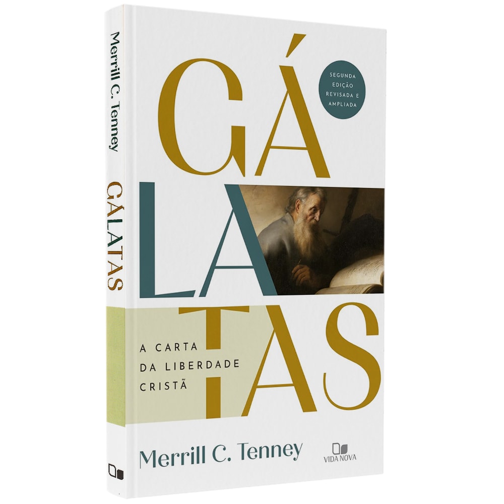 Livro Gálatas, Merrill C. Tenney, capa dura branca com imagem de homem lendo e letras douradas. — Plenitude