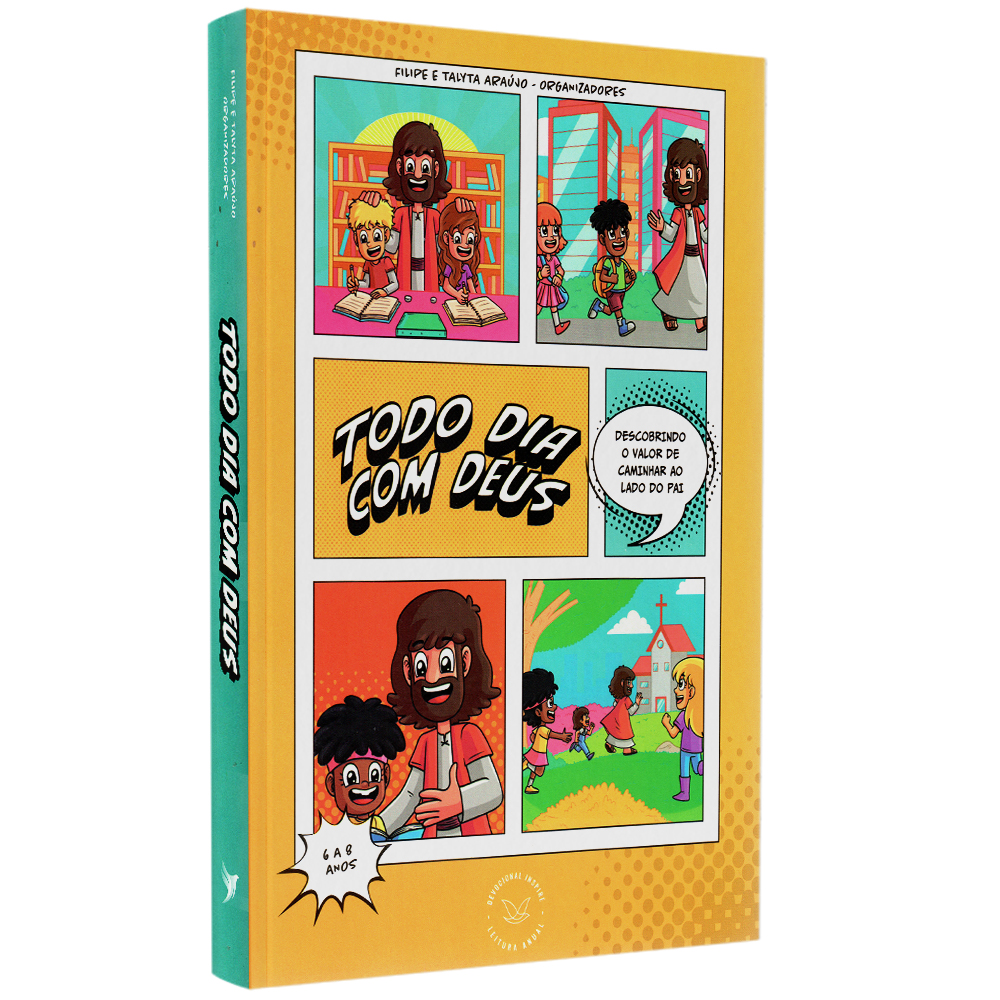 Livro Devocional 2024 Todo dia com Deus Shine, por Filipe e Talyta Araujo, capa colorida com ilustrações de Jesus e crianças. — Plenitude