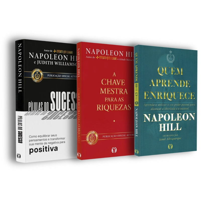 Kit com 3 livros de Napoleon Hill: Pílulas do Sucesso, A Chave Mestra para as Riquezas e Quem Aprende Enriquece. — Plenitude