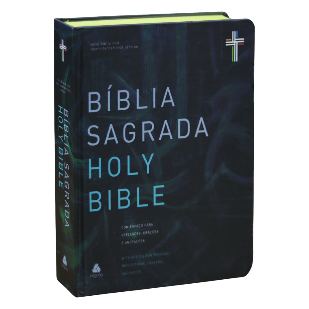 Bíblia Sagrada bilíngue (Português/Inglês NVI) com capa fosca preta e detalhes verdes, para reflexões. — Plenitude