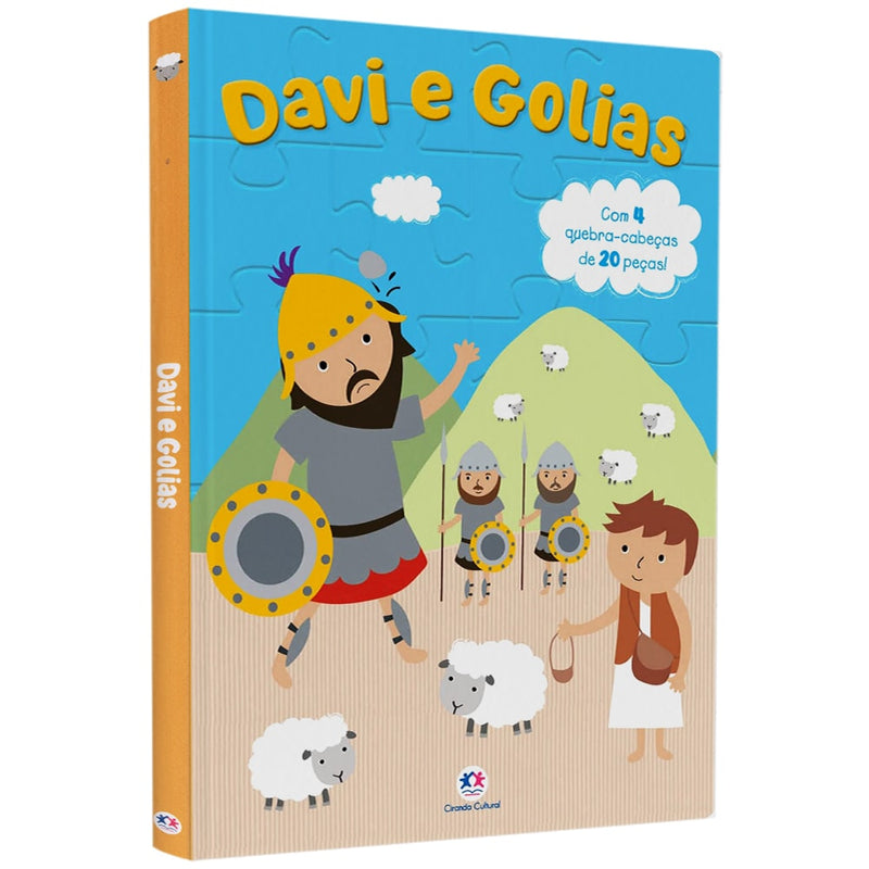 Livro Davi e Golias com quebra-cabeças, capa azul com ilustração de Davi e Golias. — Plenitude