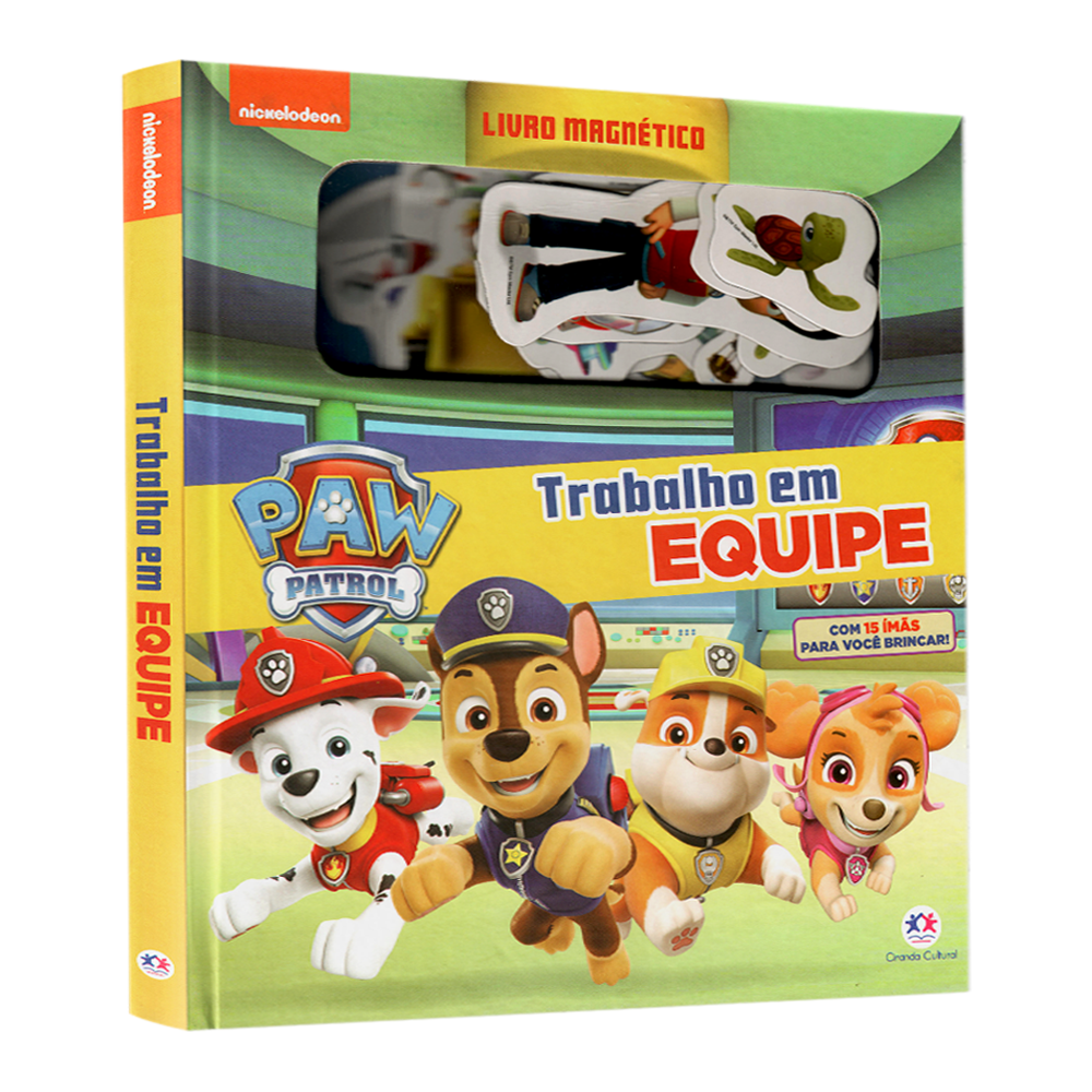 Livro magnético Patrulha Canina Trabalho em Equipe, capa azul com personagens e 15 ímãs. — Plenitude