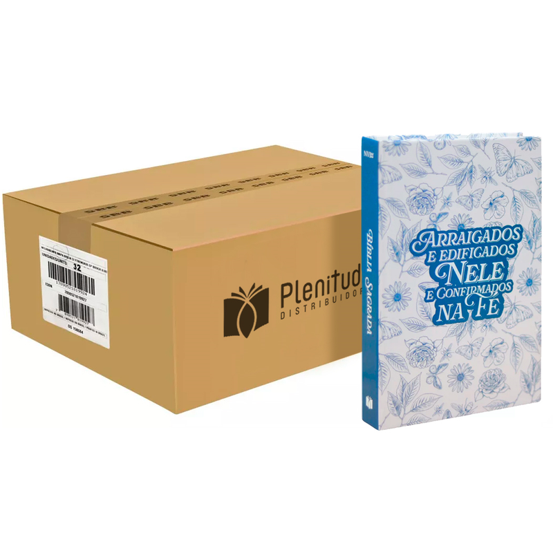 Caixa com 32 Bíblias Capa Dura NVI Primavera, caixa de papelão e uma bíblia branca com flores azuis. — Plenitude
