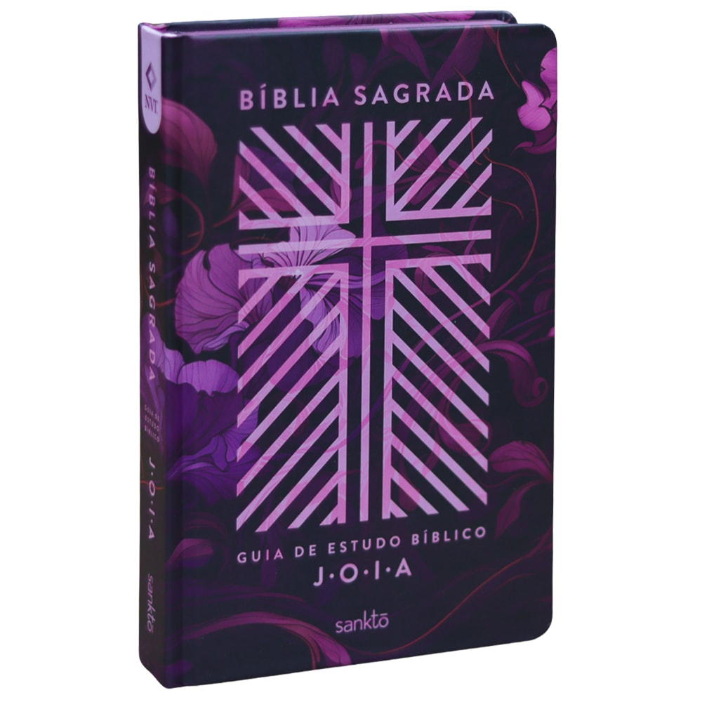 Bíblia Sagrada NVT, capa floral roxa escura com cruz em listras rosa e "J.O.I.A" em destaque. — Plenitude