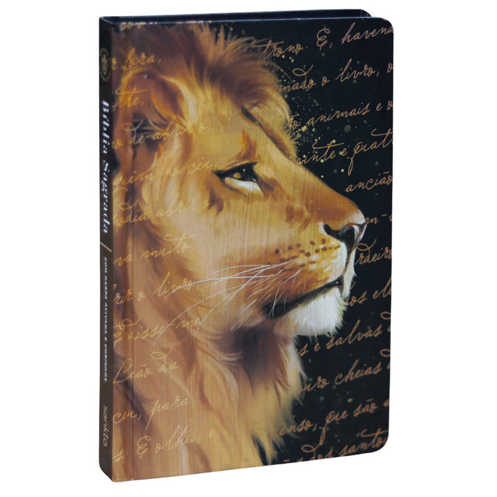 Bíblia Sagrada ARC, capa fosca preta com leão de Judá em dourado e texto manuscrito, Harpa Avivada e Corinhos. — Plenitude
