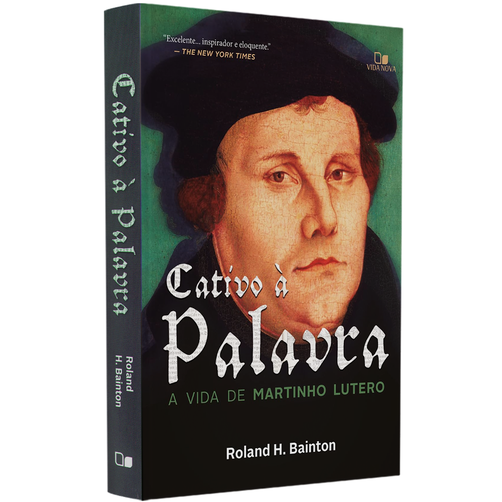 Livro "Cativo à Palavra" de Roland H. Bainton, capa preta com retrato de Martinho Lutero. — Plenitude