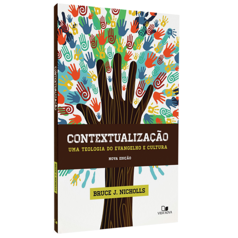 Livro Contextualização, capa com árvore e mãos coloridas, título em branco e laranja. — Plenitude