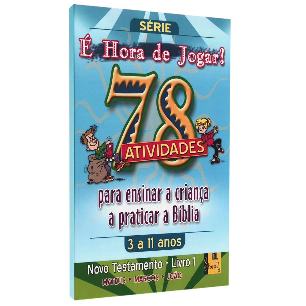 Capa de livro infantil "É Hora de Jogar! Vol. 1 Novo Testamento", azul com crianças e número 78. — Plenitude