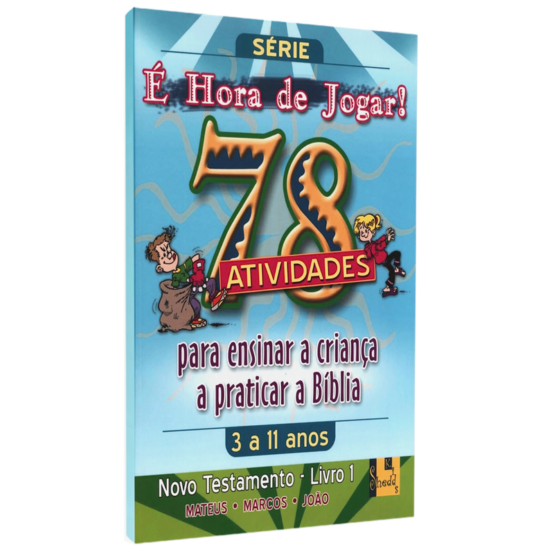 Capa de livro infantil "É Hora de Jogar! Vol. 1 Novo Testamento", azul com crianças e número 78. — Plenitude