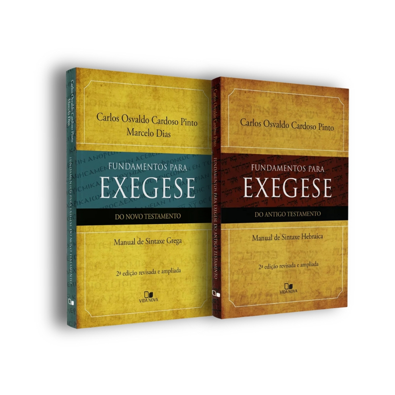 Kit de livros Fundamentos Para Exegese, Antigo e Novo Testamento, capas amarela e marrom, com detalhes em preto e branco. — Plenitude