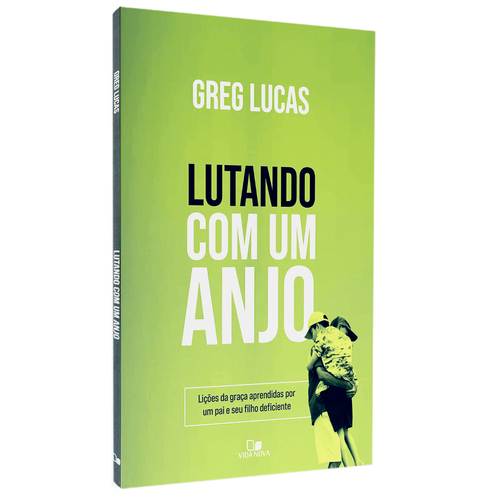 Capa do livro Lutando com um Anjo, em verde claro, com imagem de pai e filho. — Plenitude