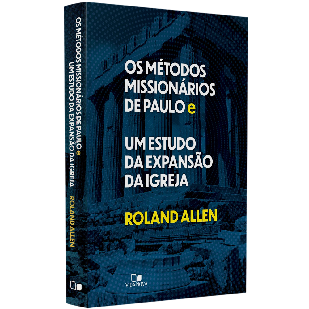 Livro Os Métodos Missionários de Paulo de Roland Allen, capa azul com ruínas antigas. — Plenitude