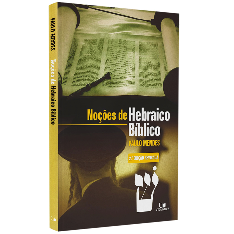 Livro Noções de Hebraico Bíblico de Paulo Mendes, capa amarela com imagens de pergaminhos. — Plenitude