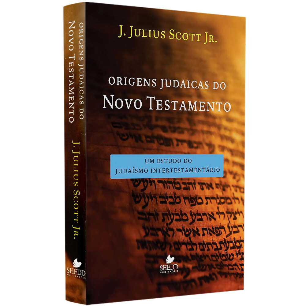 Livro Origens Judaicas do Novo Testamento de J. Julius Scott Jr, capa marrom com texto hebraico. — Plenitude