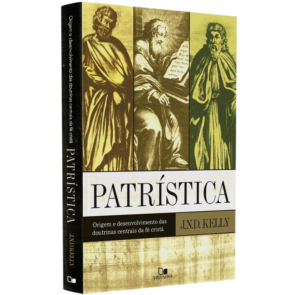 Livro Patrística de John Norman Davidson Kelly, capa bege com ilustrações de figuras históricas. — Plenitude