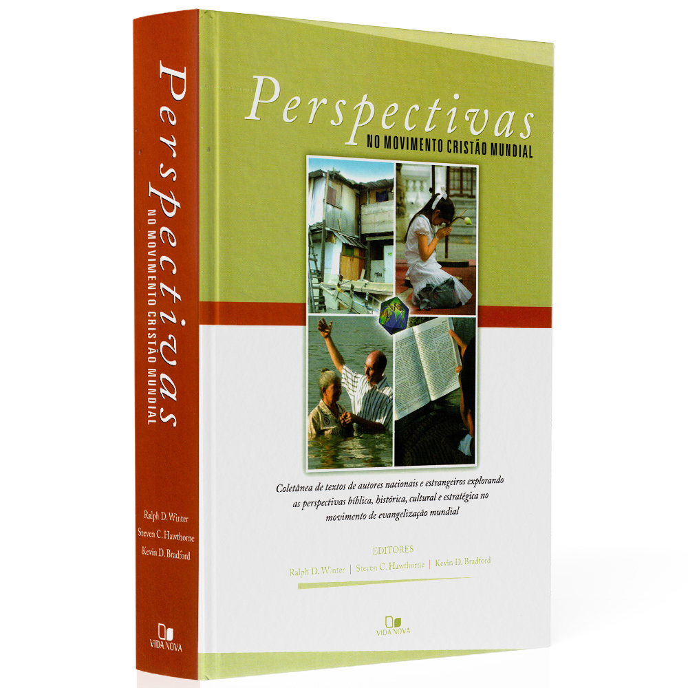 Capa do livro Perspectivas no Movimento Cristão Mundial. Capa verde com fotos de pessoas em diferentes contextos. — Plenitude
