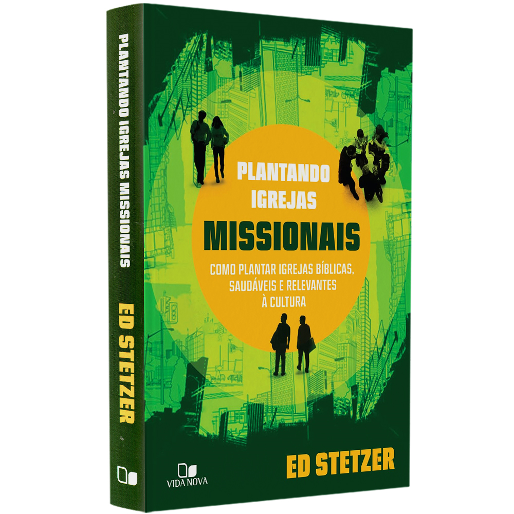 Livro Plantando Igrejas Missionais de Ed Stetzer, capa verde com prédios e pessoas. — Plenitude
