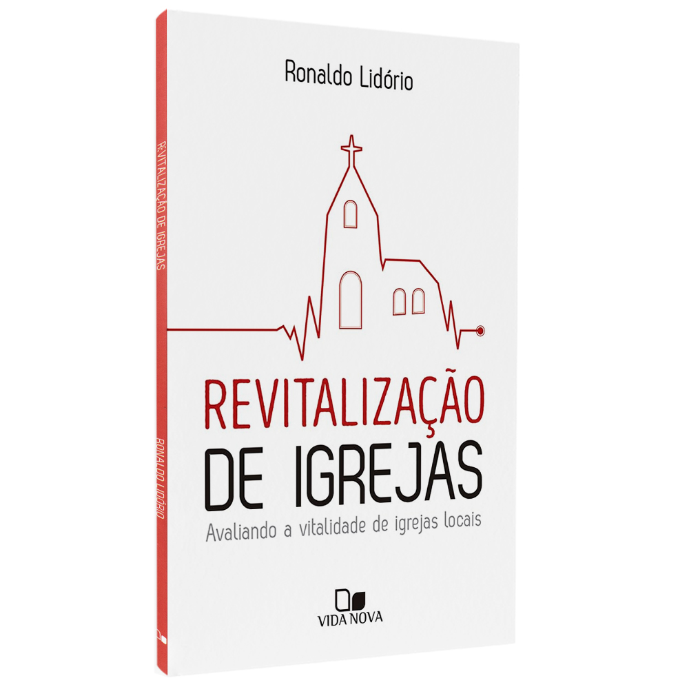 Livro Revitalização de Igrejas, de Ronaldo Lidório, capa branca com ilustração de igreja e batimentos cardíacos em vermelho. — Plenitude