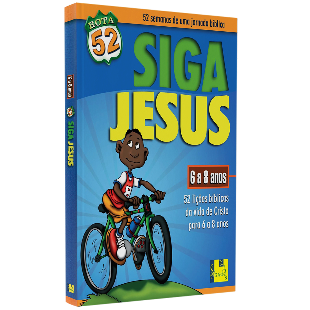 Livro Rota 52 Siga Jesus, capa azul com ilustração de menino em uma bicicleta. — Plenitude