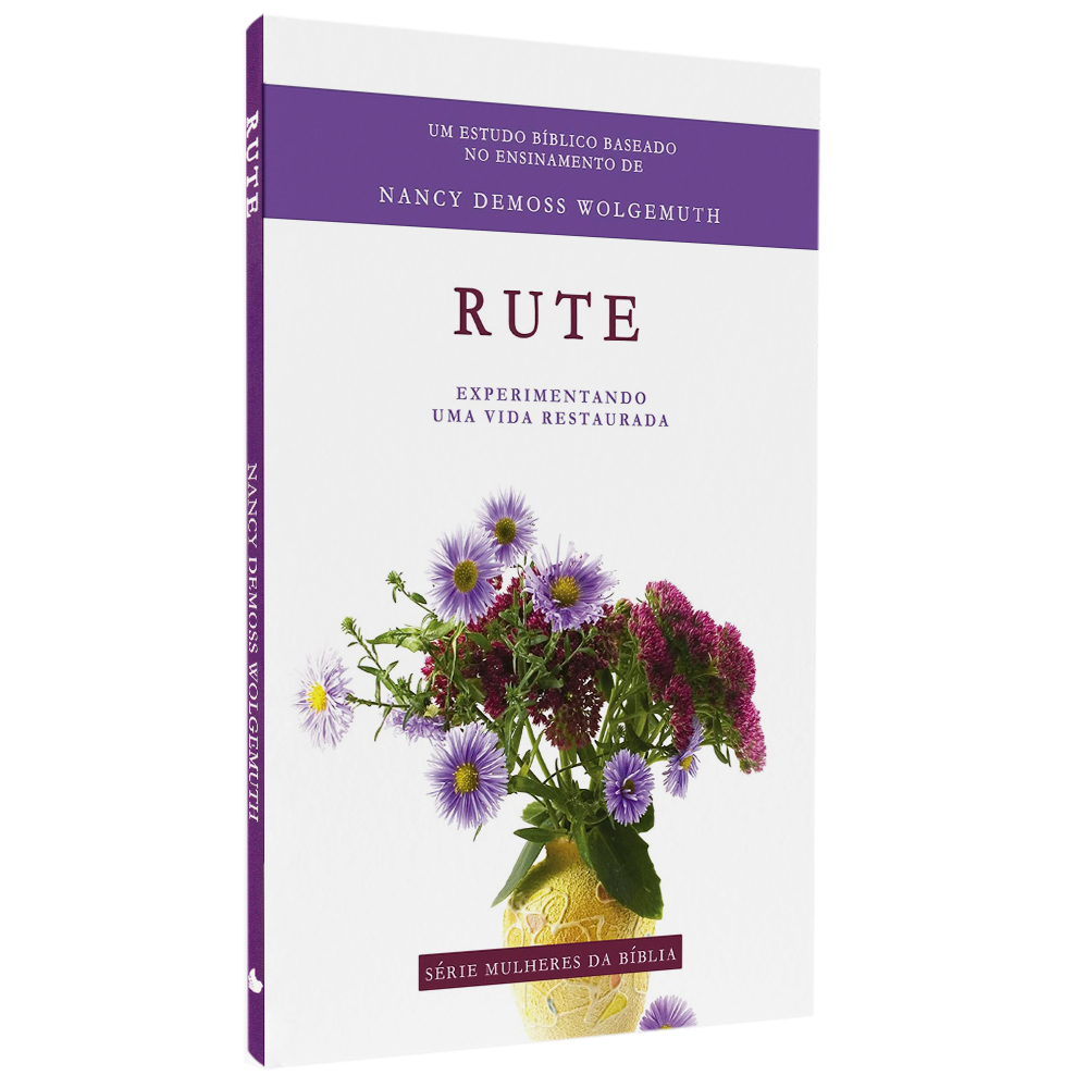 Livro de capa mole, branco com faixa roxa e buquê de flores. Título: Rute. — Plenitude