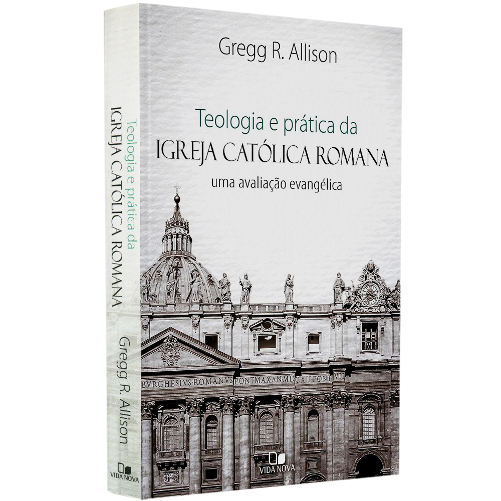 Livro Teologia e Prática da Igreja Católica Romana, capa branca com imagem de igreja. — Plenitude