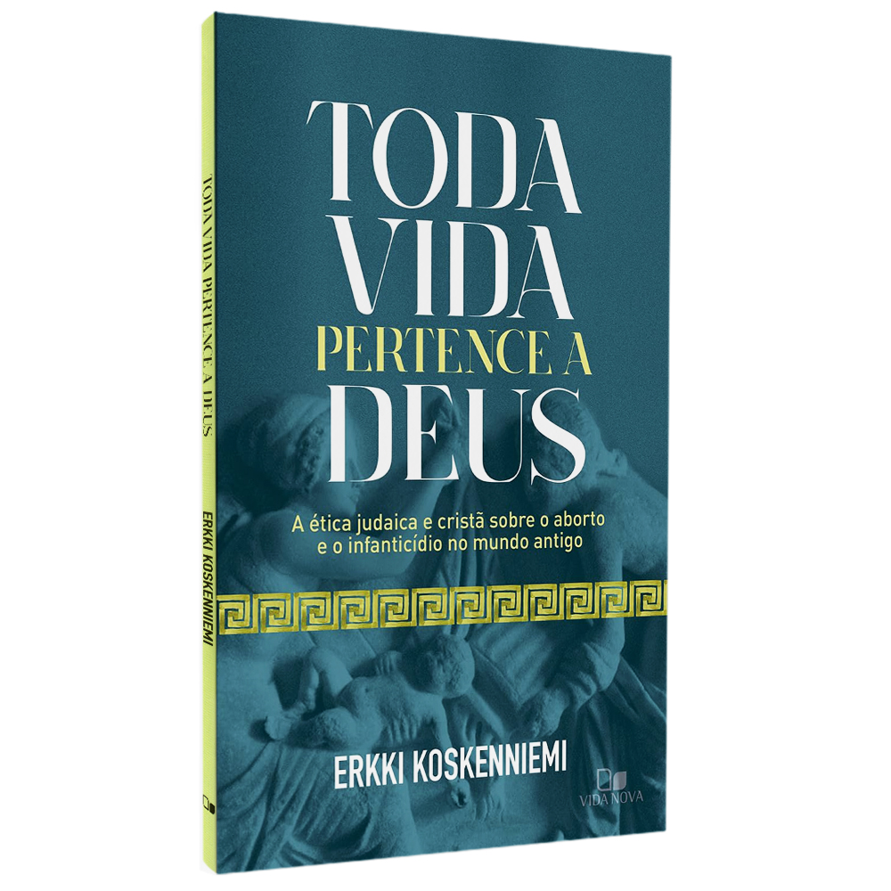 Capa de livro "Toda Vida Pertence a Deus" de Erkki Koskenniemi, em tons de azul e amarelo com detalhes de estátuas. — Plenitude