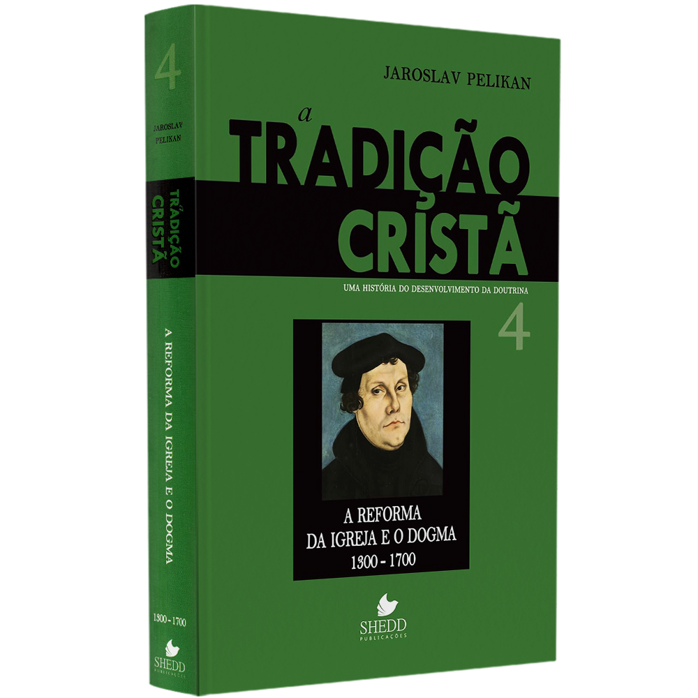 Livro A Tradição Cristã Volume 4, de Jaroslav Pelikan, capa marrom com retrato de Martinho Lutero. — Plenitude