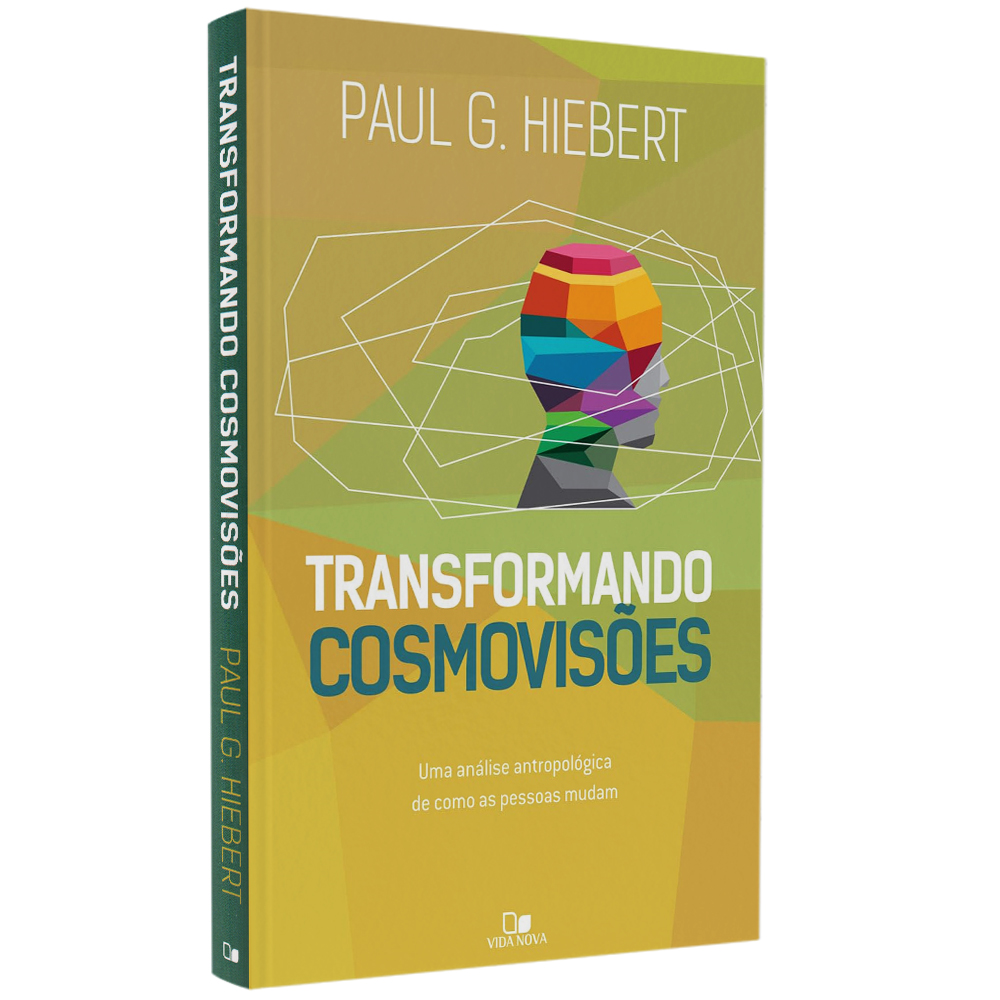 Livro Transformando Cosmovisões, de Paul G. Hiebert, capa branca com ilustração colorida de cabeça humana. — Plenitude