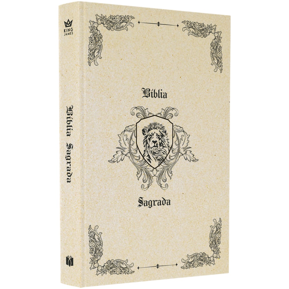 Bíblia King James 1611, capa dura bege com detalhes em preto, leão e "Bíblia Sagrada" em destaque. — Plenitude
