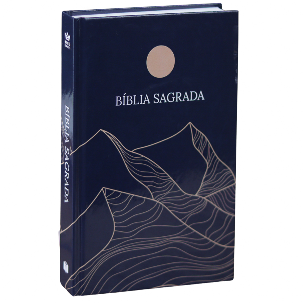 Bíblia Sagrada King James Fiel 1611, capa dura azul-marinho com montanhas e sol dourados. — Plenitude