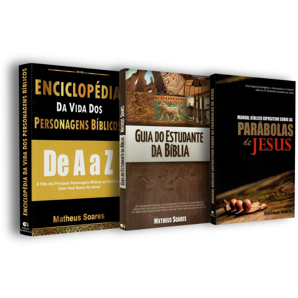 Kit Estudos Teológicos | Matheus Soares: Três livros de capa preta e amarela com títulos sobre personagens e parábolas bíblicas. — Plenitude
