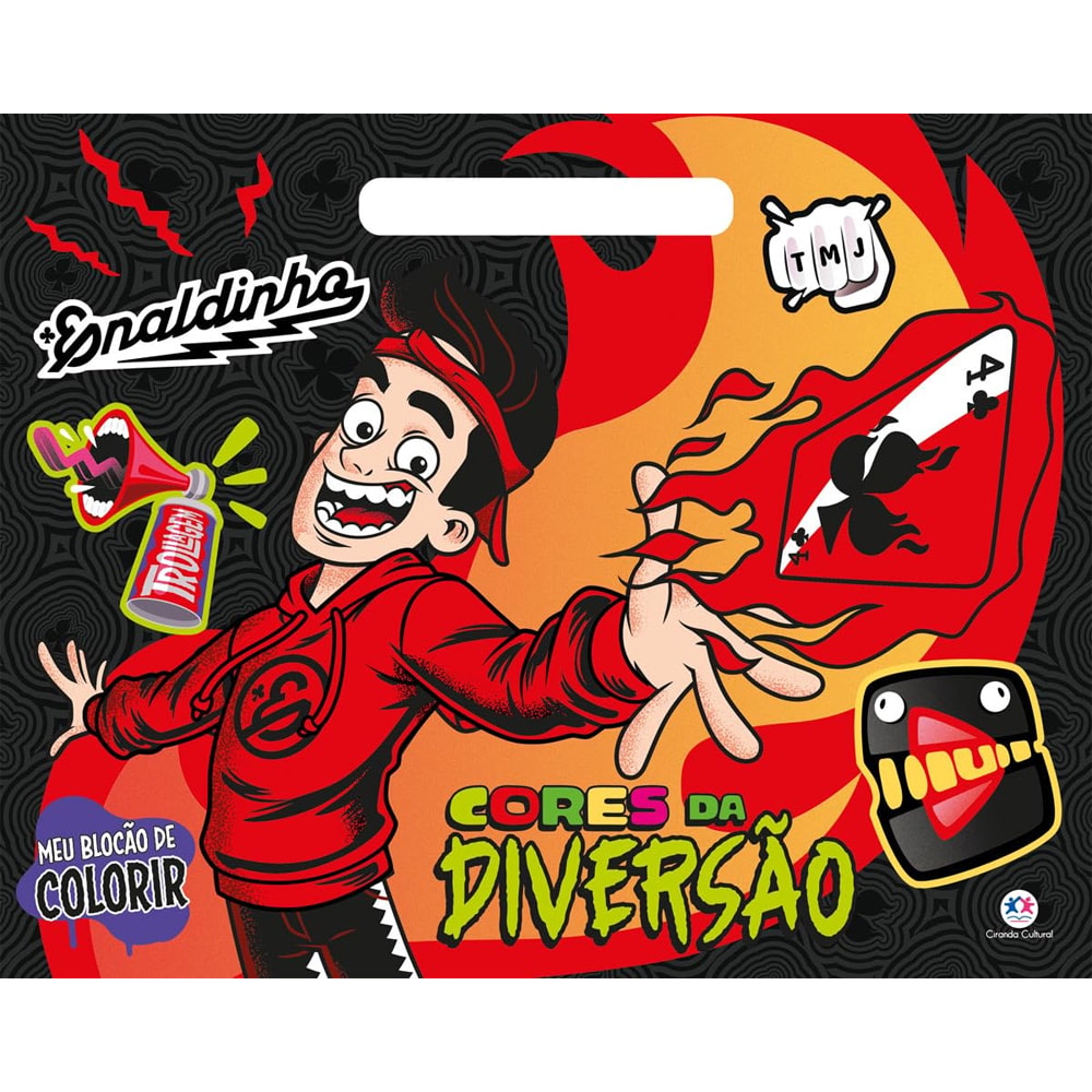 Bloco de colorir "Enaldinho Cores da Diversão" com capa preta e ilustrações coloridas do personagem. — Plenitude