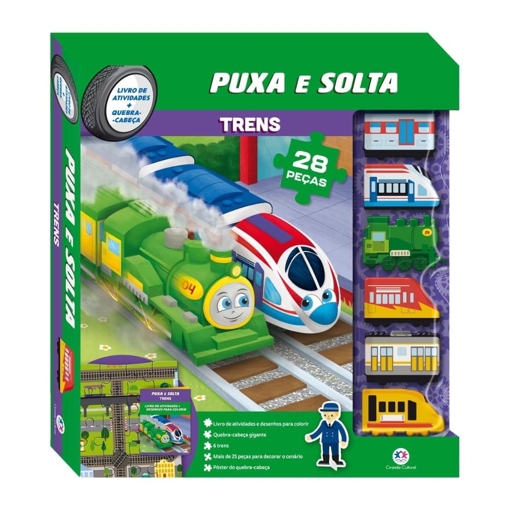 Livro de atividades Puxa e Solta Trens com quebra-cabeça, embalagem verde com trens. — Plenitude