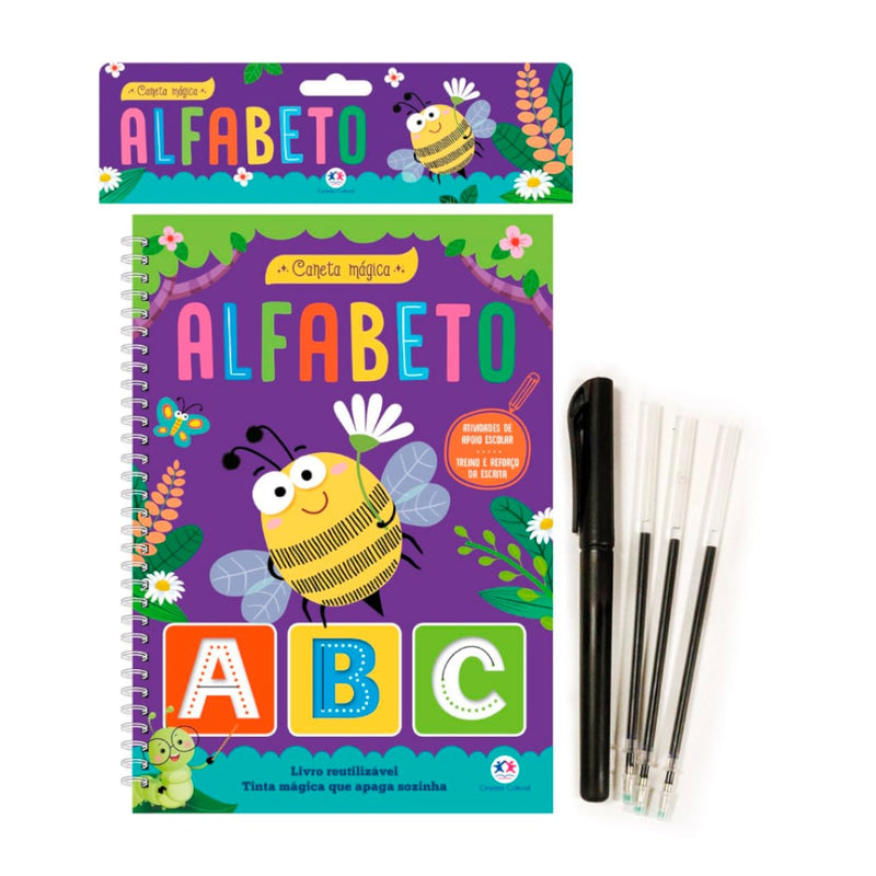 Livro Caneta Mágica Alfabeto, capa roxa com abelha e canetas reutilizáveis. — Plenitude