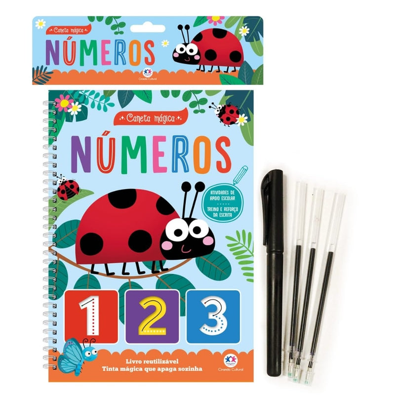 Livro Caneta Mágica Números, capa roxa com joaninha e canetas reutilizáveis. — Plenitude