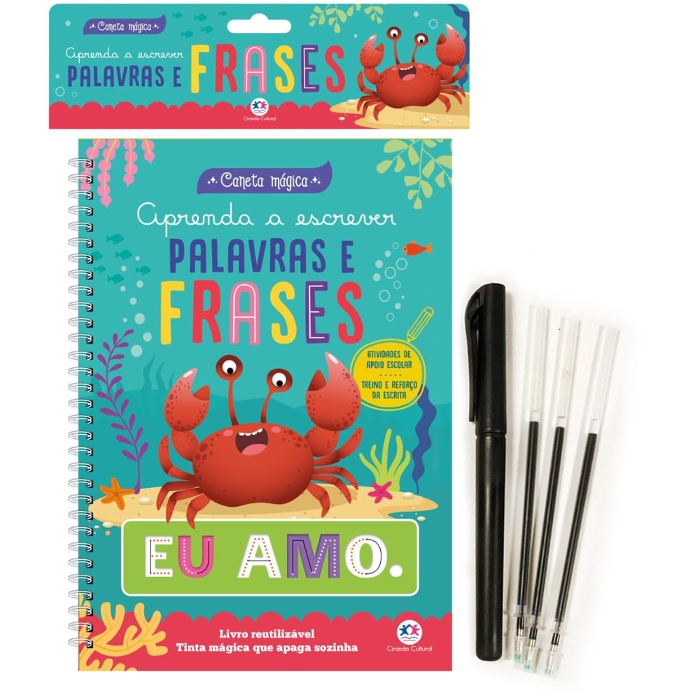 Caneta Mágica Aprenda a Escrever Palavras e Frases, Ciranda Cultural, livro espiral colorido com caranguejo e caneta preta. — Plenitude
